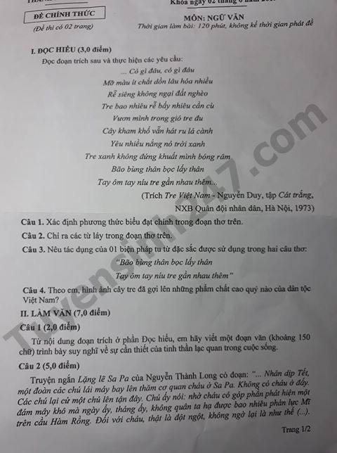 Dap an de thi vao lop 10 mon Van So GD Can Tho nam 2019