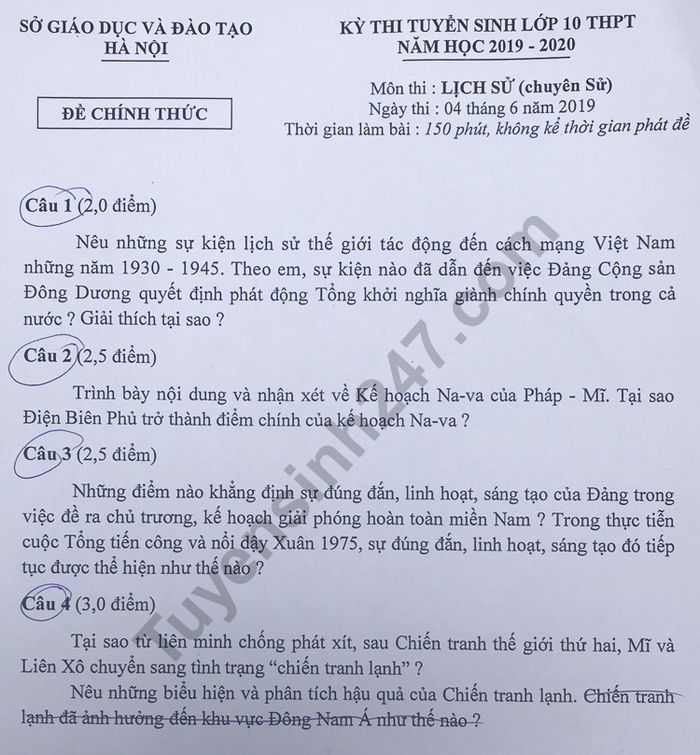 De thi vao lop 10 mon Su chuyen Ha Noi nam 2019