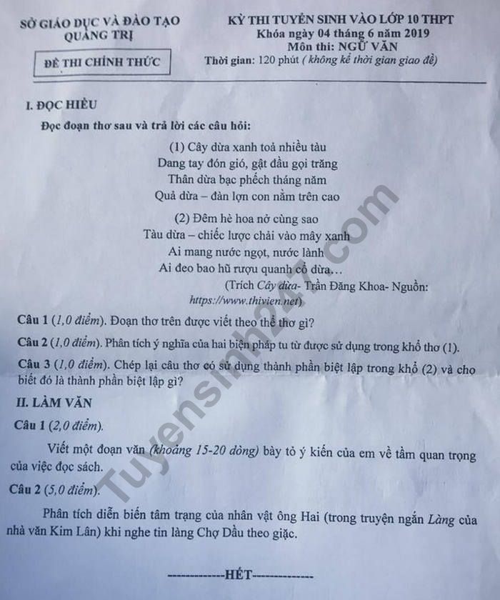 Dap an de thi mon Van vao lop 10 nam 2019 tinh Quang Tri