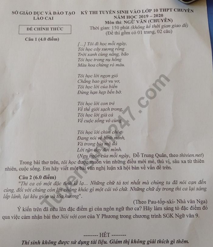 De thi vao lop 10 mon Van chuyen Lao Cai nam 2019