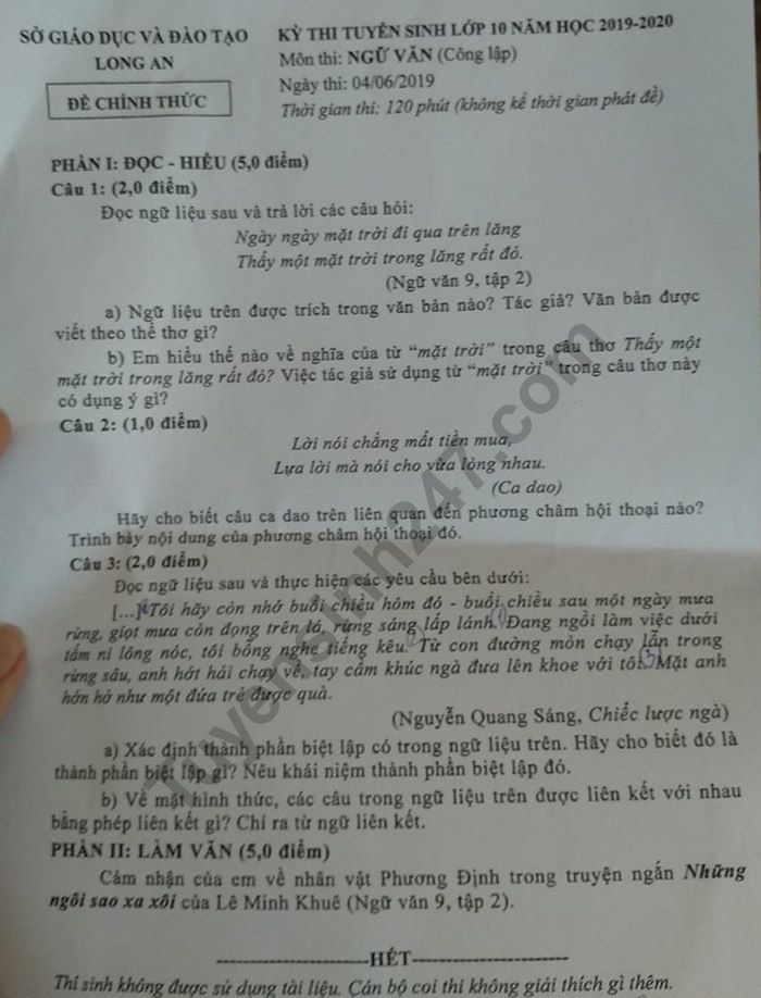 Dap an mon Van thi vao lop 10 Tinh Long An nam 2019
