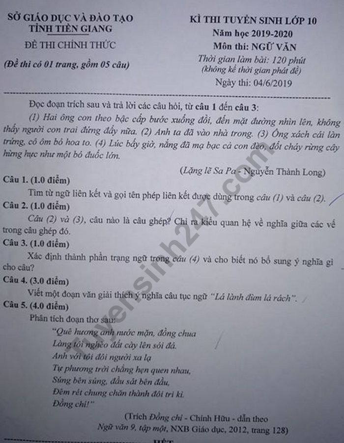 Dap an de thi vao lop 10 mon Van - Tinh Tien Giang 2019