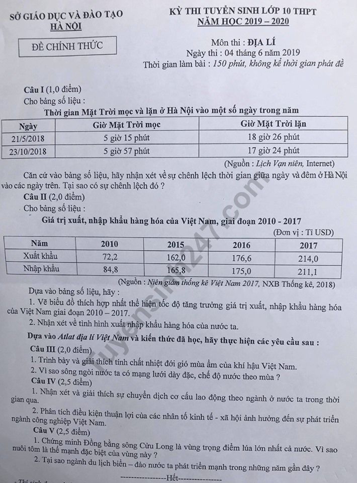 De thi vao lop 10 mon Dia li chuyen nam 2019 So Ha Noi
