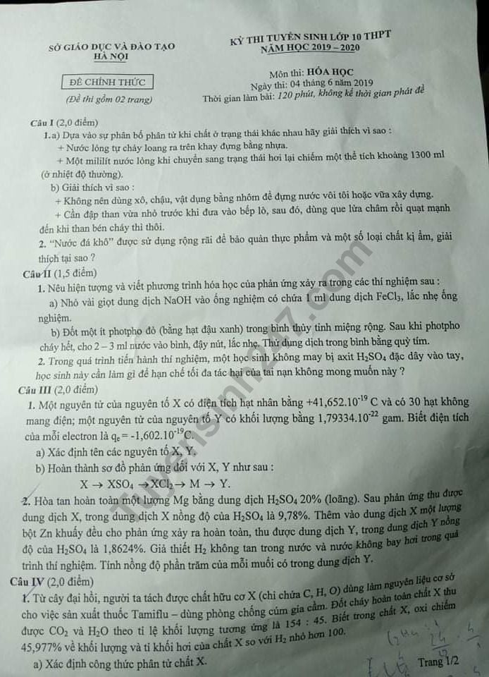 Dap an de thi vao lop 10 mon Hoa nam 2019 So HN