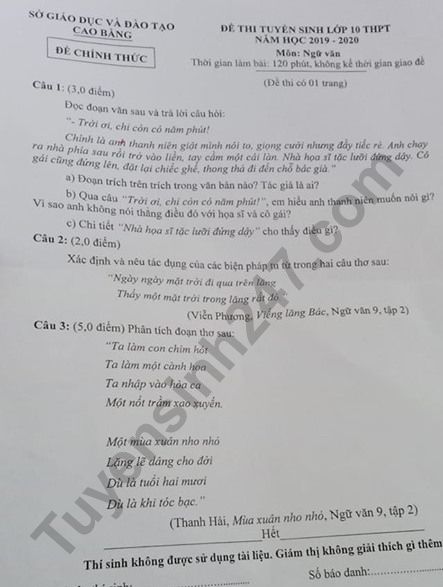 Dap an de Van thi vao lop 10 Tinh Cao Bang nam 2019