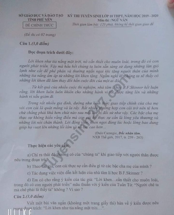 Dap an de thi mon Van vao lop 10 So Phu Yen nam 2019