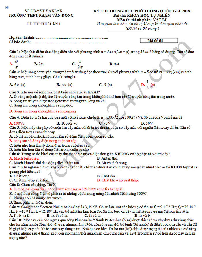 De thi THPTQG mon Ly - THPT Pham Van Dong lan 1 nam 2019