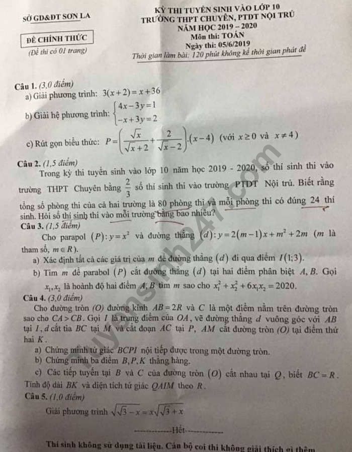 De thi vao lop 10 mon Toan nam 2019 truong Chuyen Son La