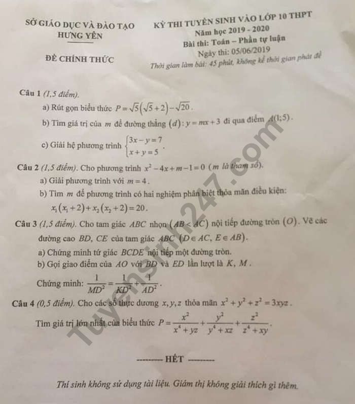 Dap an de thi vao lop 10 mon Toan nam 2019 So GD Hung Yen
