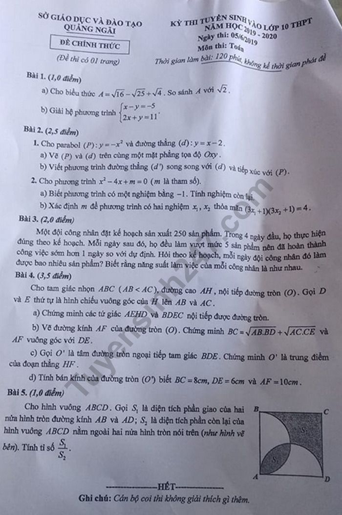 Dap an de thi vao lop 10 mon Toan nam 2019 so Quang Ngai