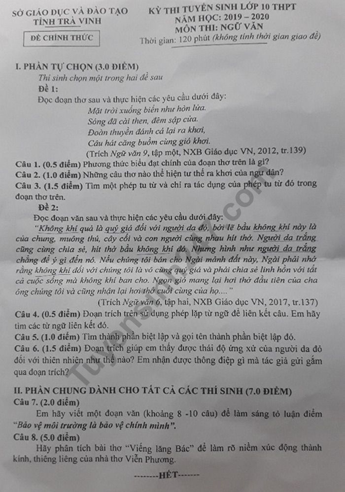 Dap an de thi van vao lop 10 cua So GD Tra Vinh nam 2019