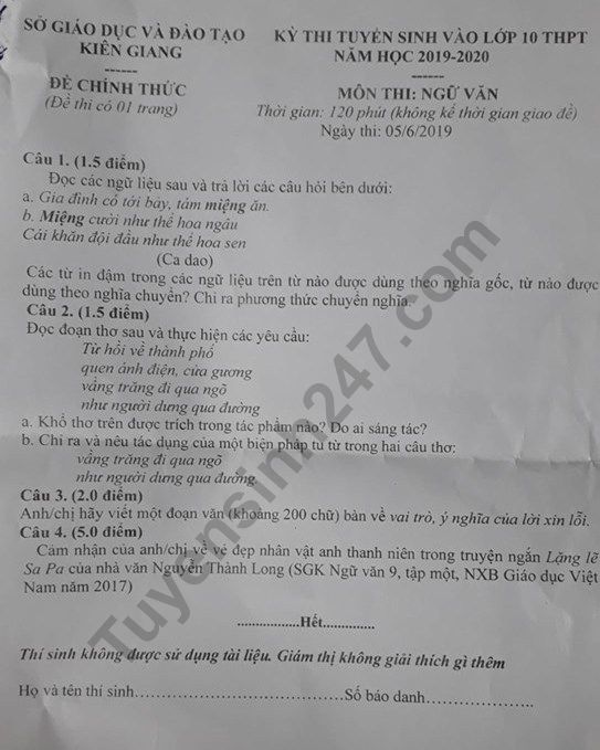 Dap an mon Van thi vao lop 10 nam 2019 So GD Kien Giang