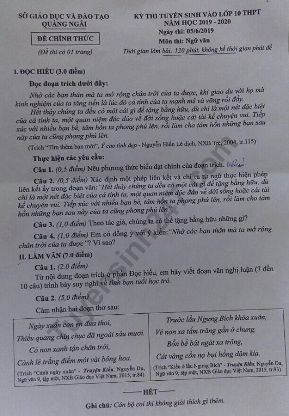 Dap an thi vao lop 10 Tinh Quang Ngai nam 2019 mon Van