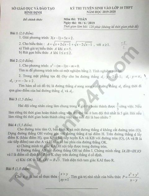 Dap an de thi vao lop 10 mon Toan - Tinh Binh Dinh 2019