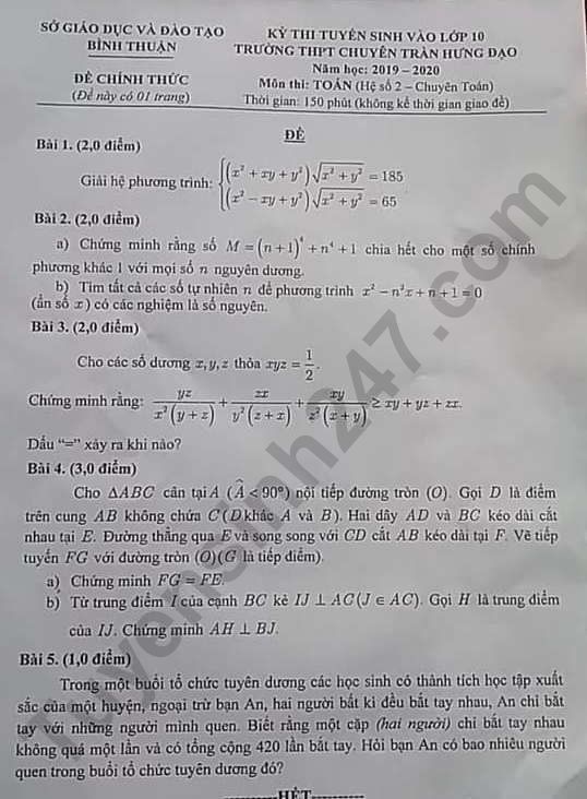 De thi vao lop 10 mon Toan chuyen THPT Chuyen Tran Hung Dao nam 2019