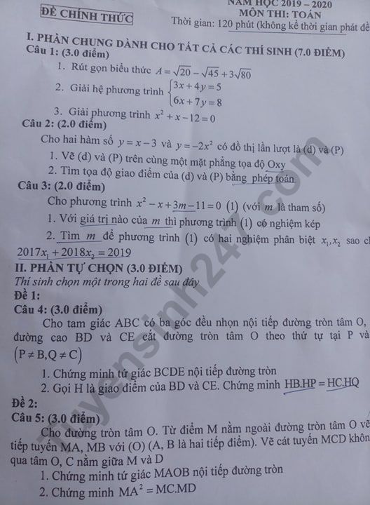 Dap an de thi vao lop 10 mon Toan So Tra Vinh nam 2019