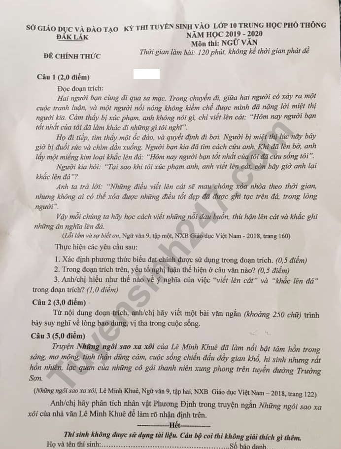 Dap an de thi vao lop 10 mon Ngu Van nam 2019 So GD Dak Lak