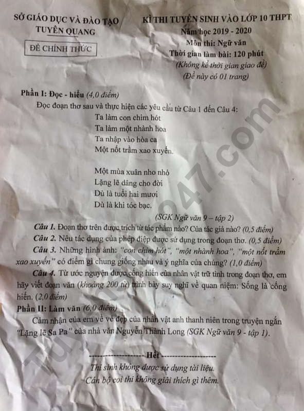 Dap an de thi vao lop 10 nam 2019 So GD Tuyen Quang mon Ngu Van