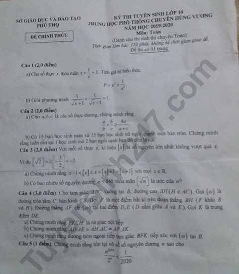 De thi vao lop 10 nam 2019 mon Toan THPT chuyen Hung Vuong
