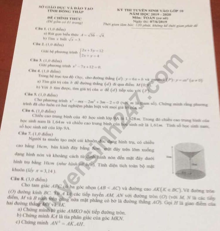 Dap an thi vao lop 10 cua So GD Dong Thap nam 2019 mon Toan