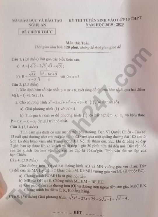 Dap an de thi vao lop 10 mon Toan nam 2019 So GD Nghe An