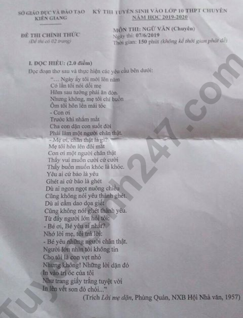De thi vao lop 10 mon Van Chuyen So GD Kien Giang nam 2019