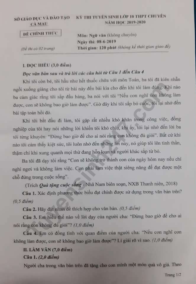De thi vao lop 10 nam 2019 THPT Chuyen So Ca Mau mon Van (khong chuyen)