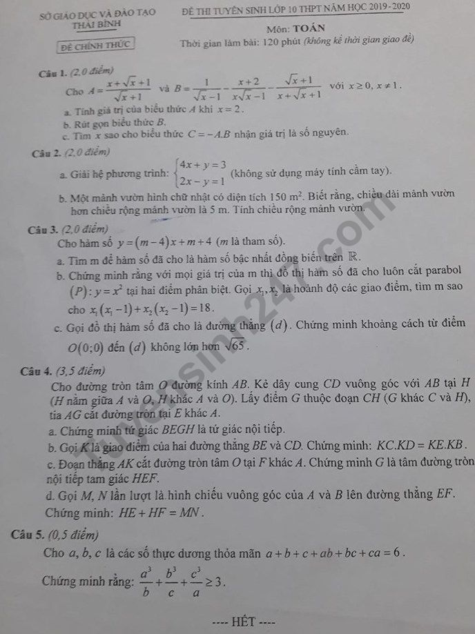 Dap an de thi vao lop 10 mon Toan nam 2019 so Thai Binh