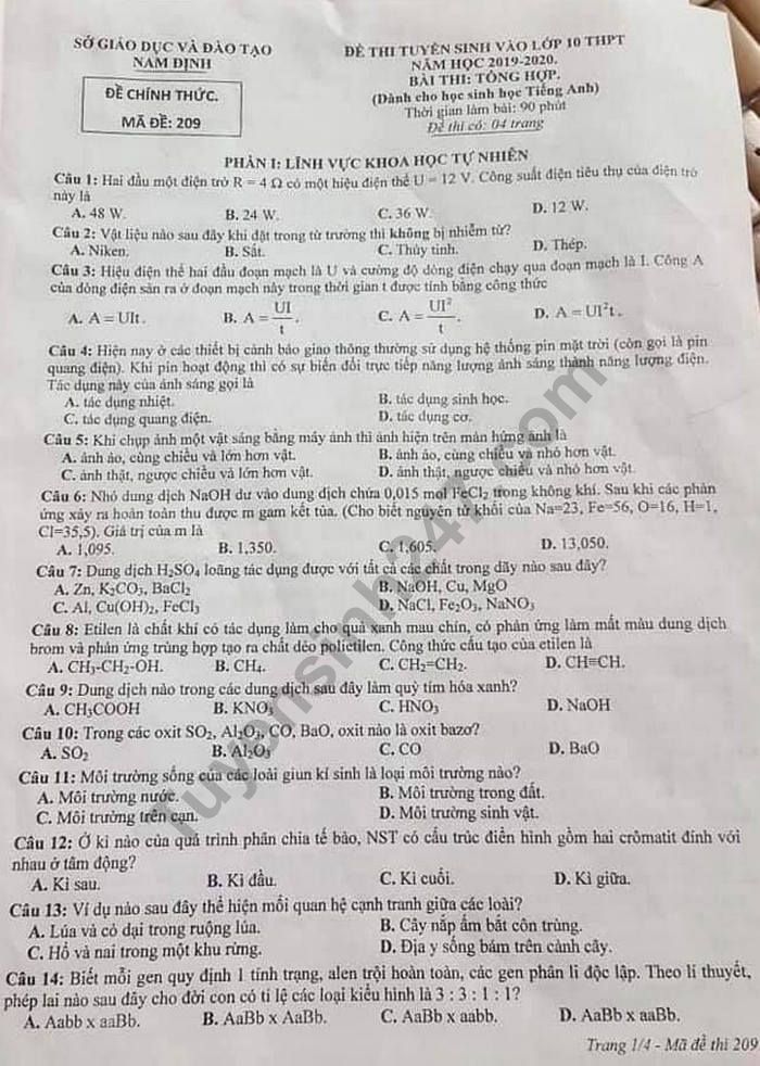 Dap an de thi vao lop 10 So GD Nam Dinh nam 2019 mon Tong hop