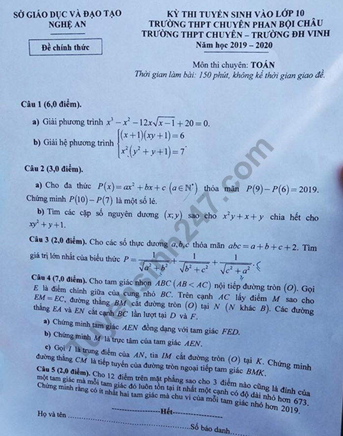 De thi vao lop 10 mon Toan - Chuyen Ban Boi Chau nam 2019