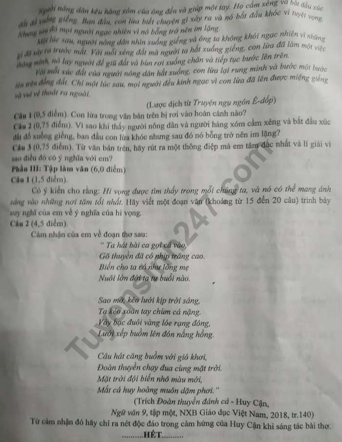 Dap an mon Van thi vao lop 10 tinh Nam Dinh 2019