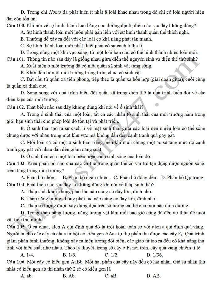 De thi thu THPTQG 2019 mon Sinh - THPT Tien Lu