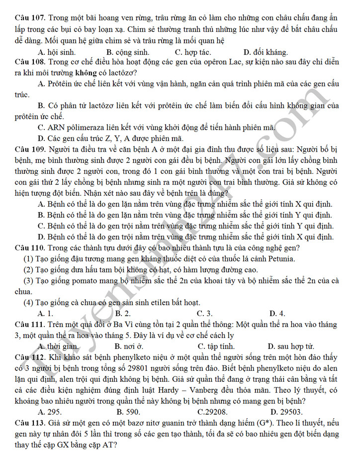 De thi thu THPTQG 2019 mon Sinh - THPT Tien Lu