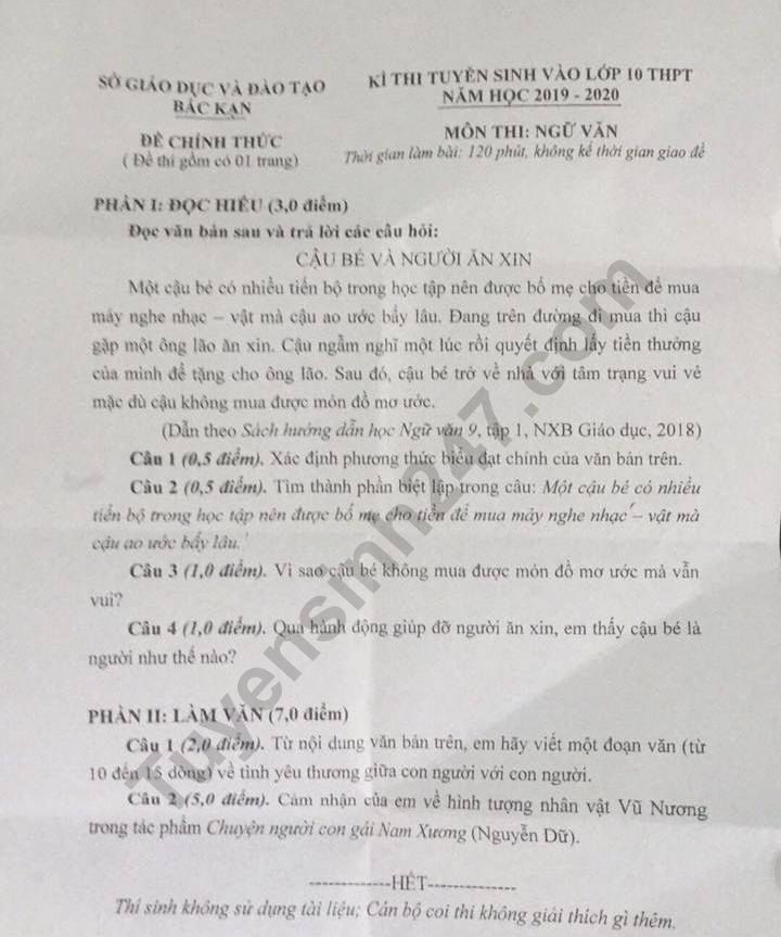 Dap an de thi vao lop 10 mon Van So Bac Kan nam 2019