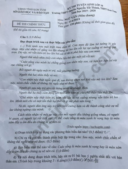 Dap an de thi vao lop 10 mon Van nam 2019 So Kon Tum