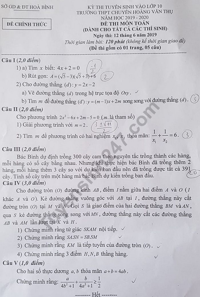 De thi vao lop 10 mon Toan - Chuyen Hoang Van Thu nam 2019