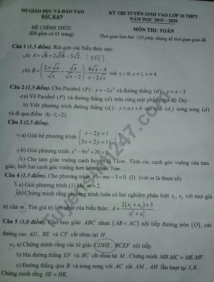 Dap an de thi vao lop 10 mon Toan - Bac Kan nam 2019
