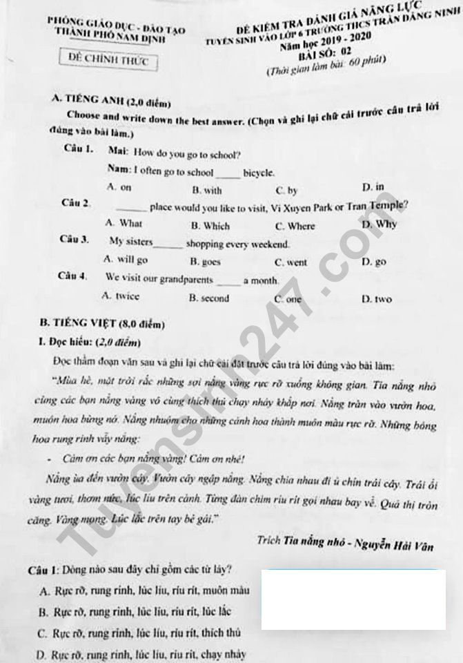 De thi danh gia nang luc tuyen sinh vao lop 6 THCS Tran Dang Ninh 2019 - De 2