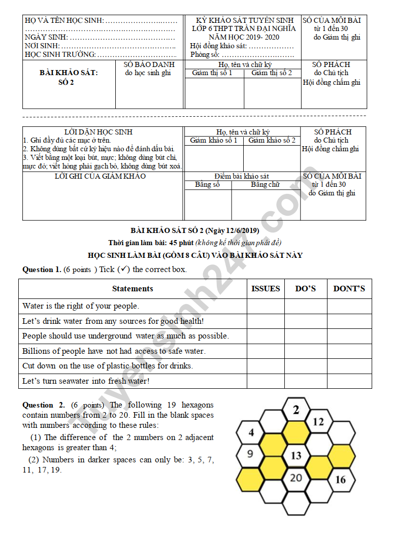 Dap an de thi bai khao sat vao lop 6 Chuyen Tran Dai Nghia 2019-de 2