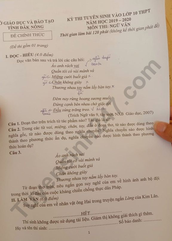 Dap an de thi vao lop 10 mon Van tinh Dak Nong 2019