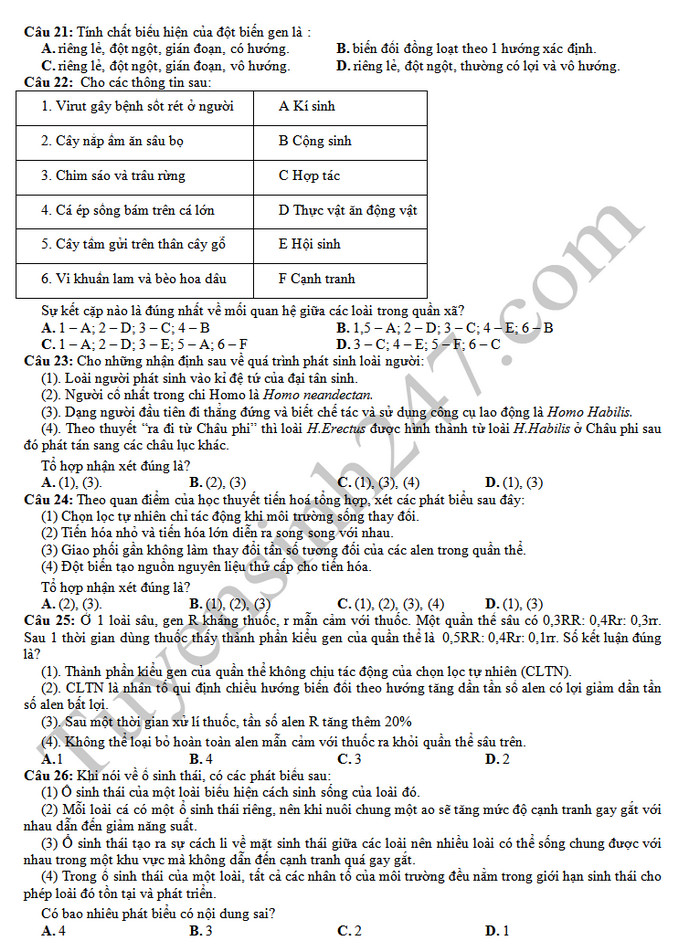 De thi thu THPTQG 2019 mon Sinh - THPT TH Cao Nguyen lan 3
