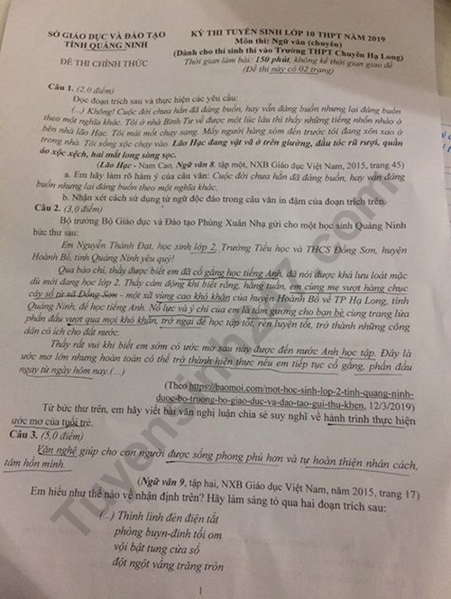 De thi vao lop 10 mon Van chuyen nam 2019 THPT chuyen Ha Long