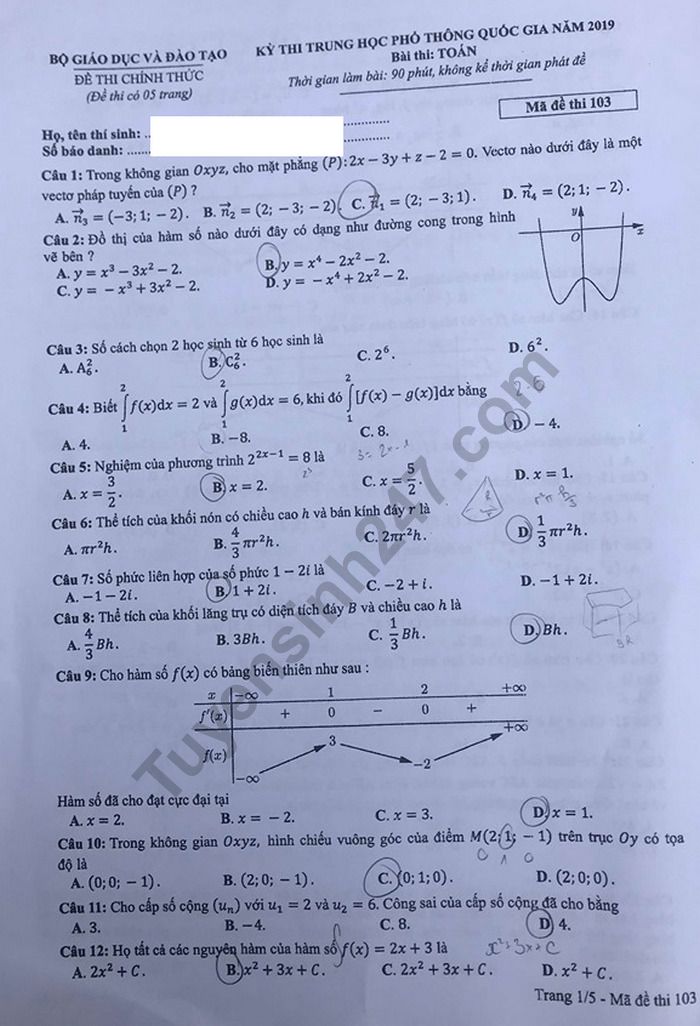 Dap an de thi mon Toan ma de 103 thi THPTQG nam 2019 cua Bo GD
