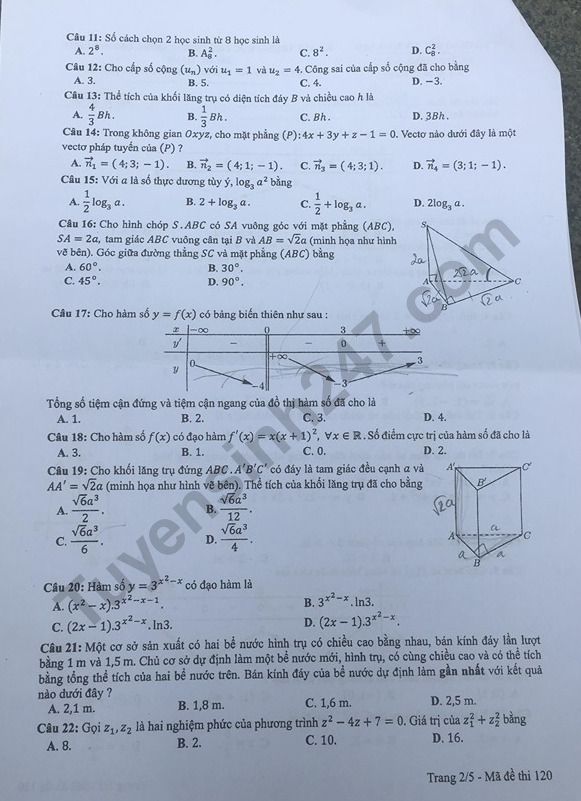 Dap an de thi THPTQG 2019 mon Toan ma de 120