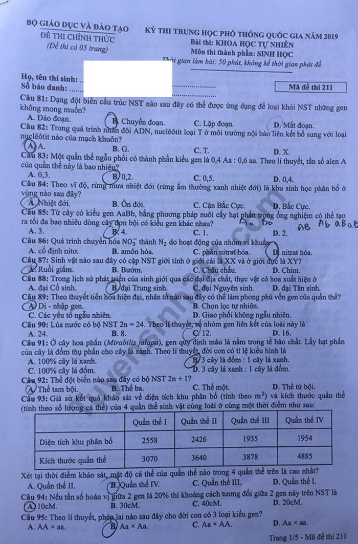 Dap an de thi THPTQG mon Sinh nam 2019 ma de 211 cua Bo GD