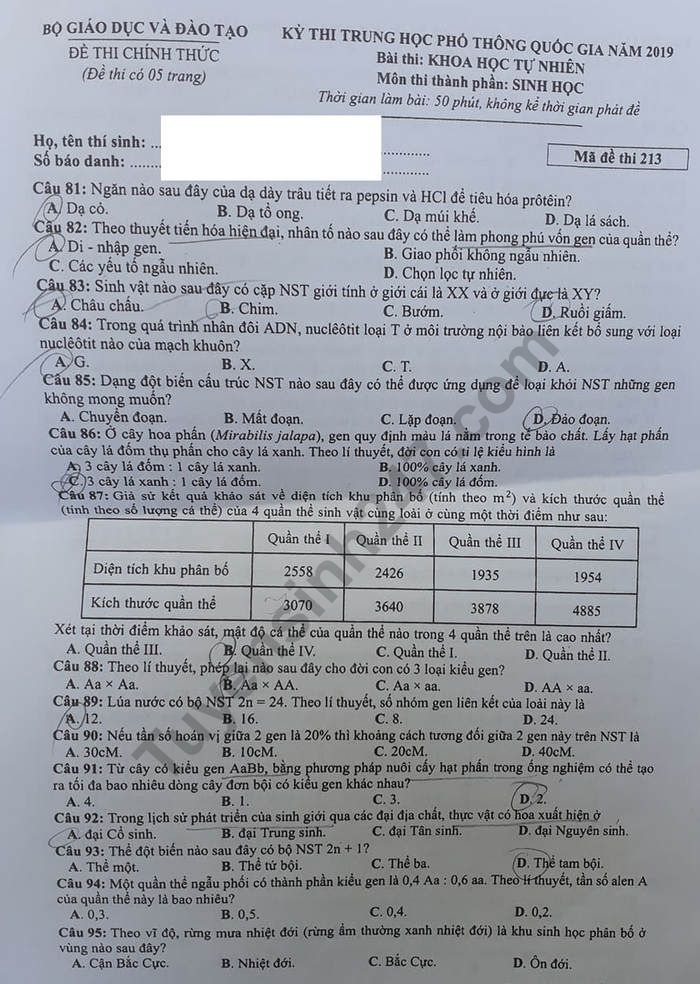 Dap an de thi THPTQG nam 2019 mon Sinh ma 213 cua Bo GD