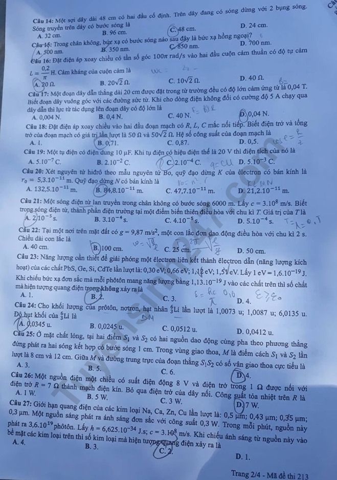 Dap an de thi THPTQG mon Ly ma de 213 nam 2019 cua Bo GD