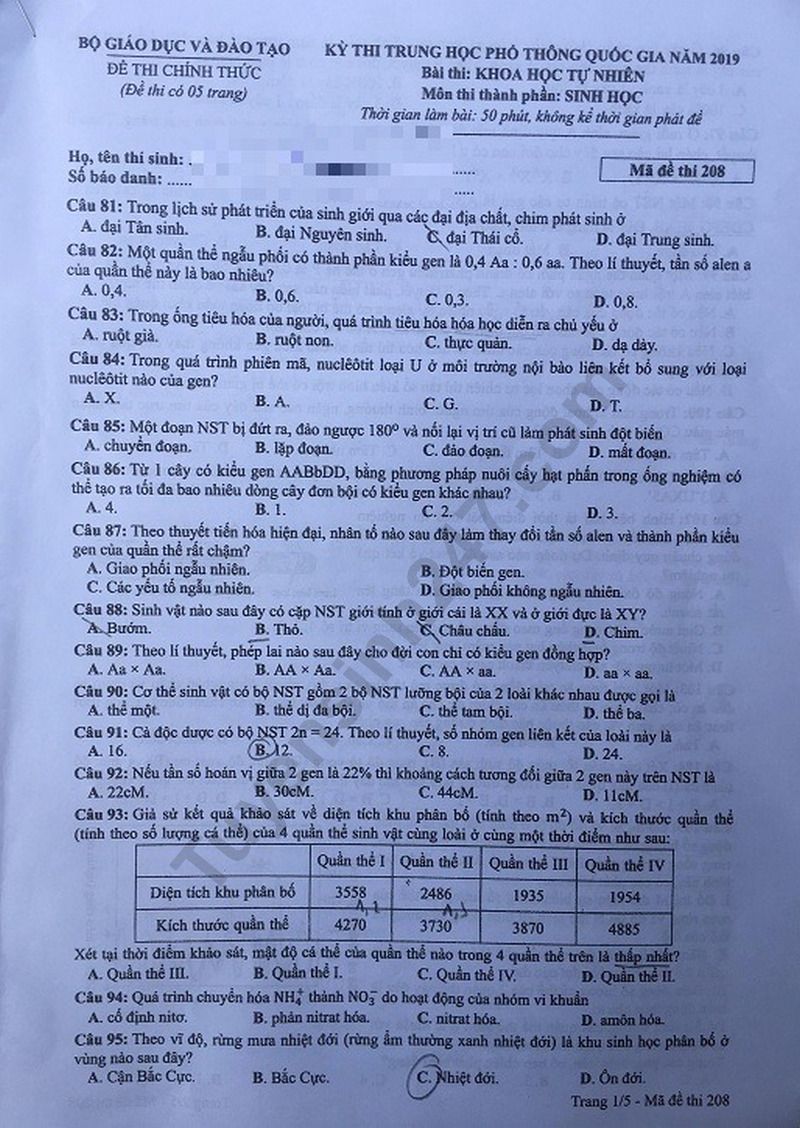 Dap an de thi THPTQG mon Sinh nam 2019 ma 208 cua Bo GD