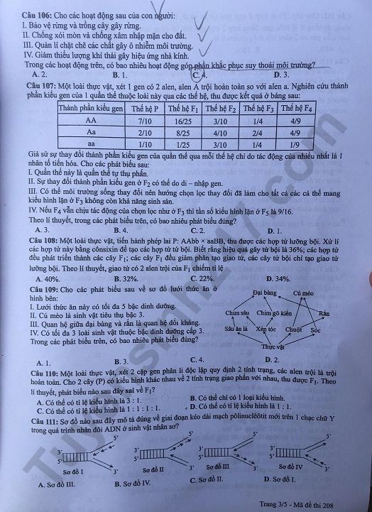 Dap an de thi THPTQG mon Sinh nam 2019 ma 208 cua Bo GD