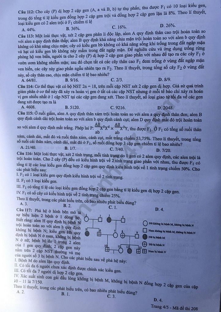 Dap an de thi THPTQG mon Sinh nam 2019 ma 208 cua Bo GD